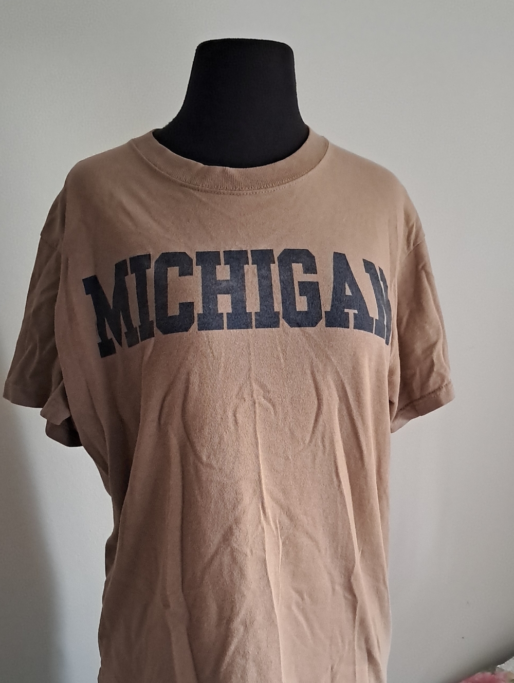 Unisex Michigan Short Sleeve Crewneck T-Shirt in Tan with Black Print
